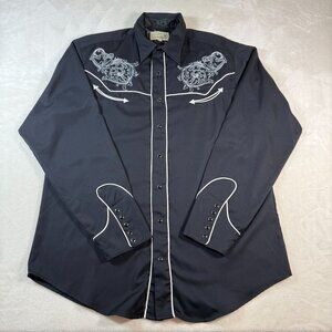 Vintage Roper Mens Black Western Shirt Pearl Snap XL Embroidered Paisley Guitar